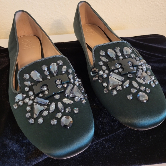 Tory Burch Shoes - TORY BURCH Embellished Emerald Green Satin Loafers